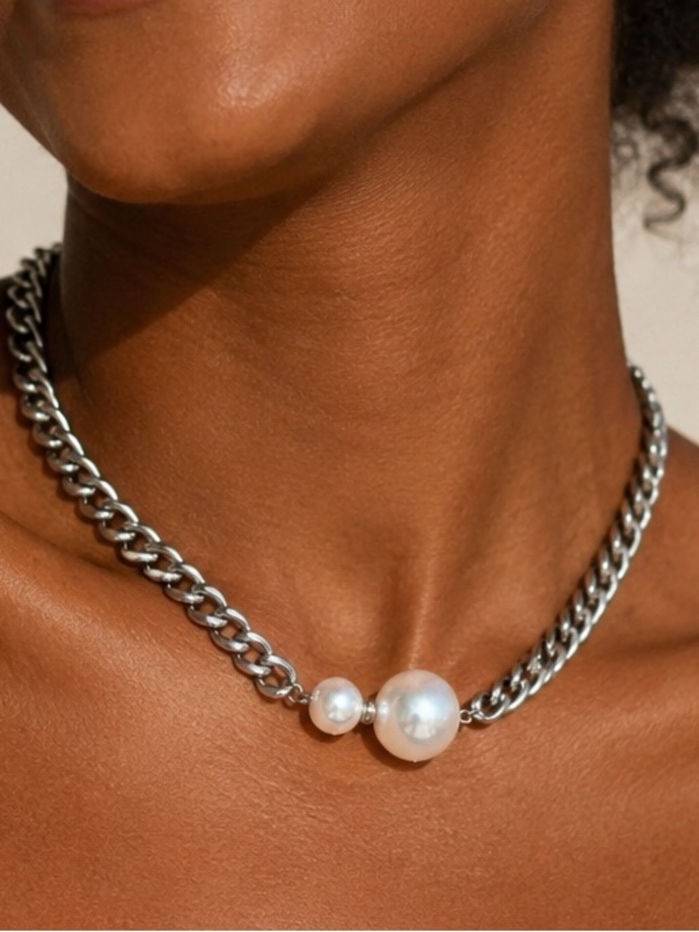 Chunky Silver Cuban Chain Necklace with Pearl Accent